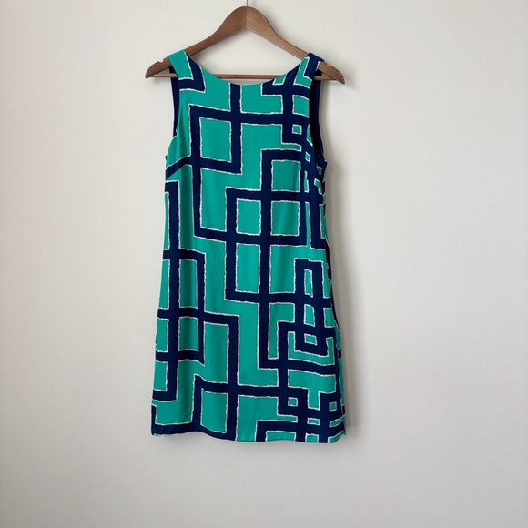 Alice+Trixie Silk Shift Dress Medium Green Blue Geometric Print Sleeveless - Picture 1 of 6